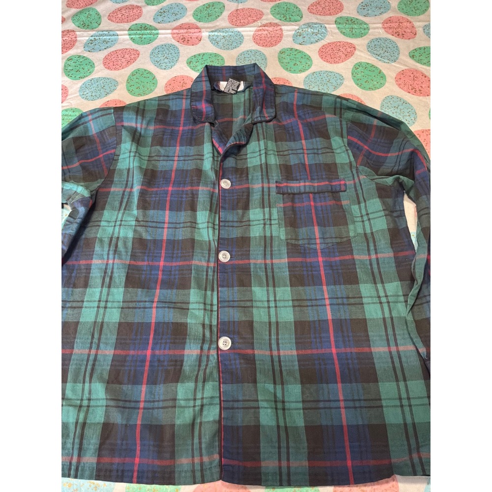 Jockey Classic Men Pajama Top Large Green Blue Plaid Long Sleeve Button Up Shirt